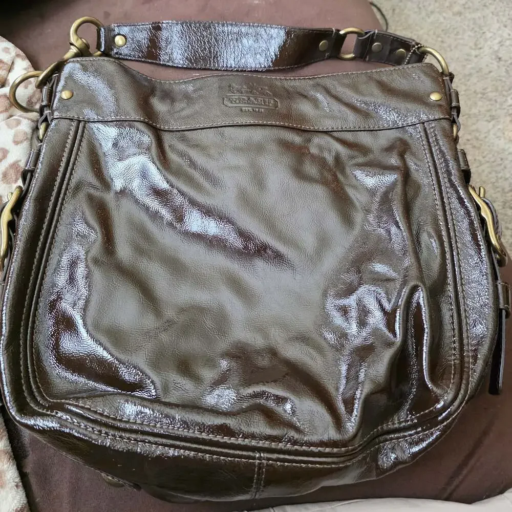 Coach Zoe Hobo Chocolate Brown Patent Leather Shoulder Bag 12776
